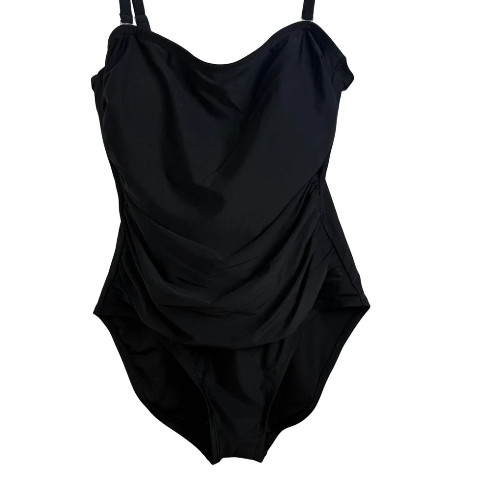 DKNY Ruched One Piece Swimsuit XL Black Slimming Minimalist Chic Resortwear - Picture 2 of 6